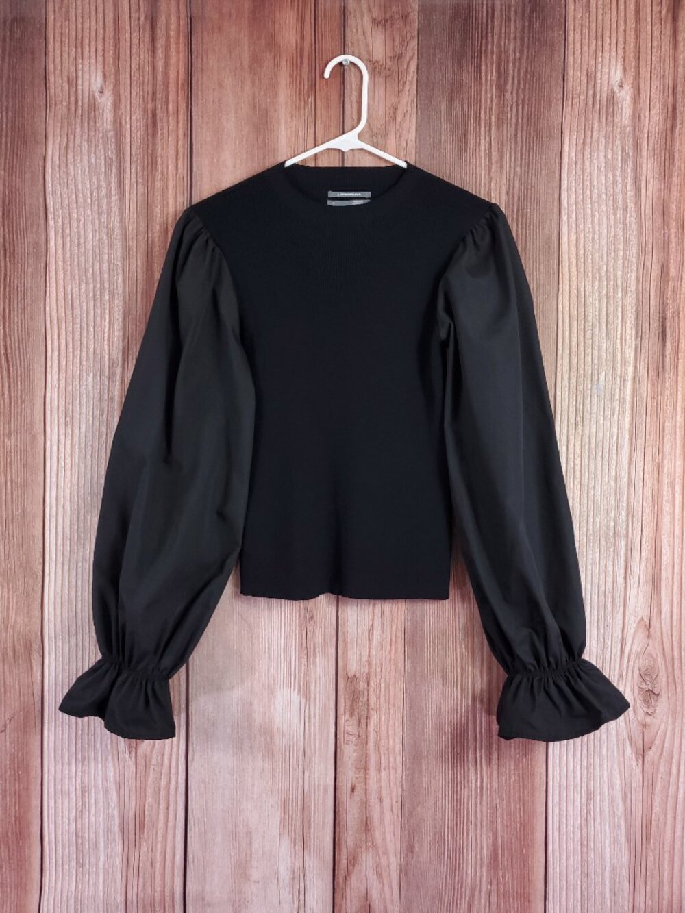 by Anthropologie Small Black Ribbed Knit Puff Sleeve Top Sweater Pullover Ruffle